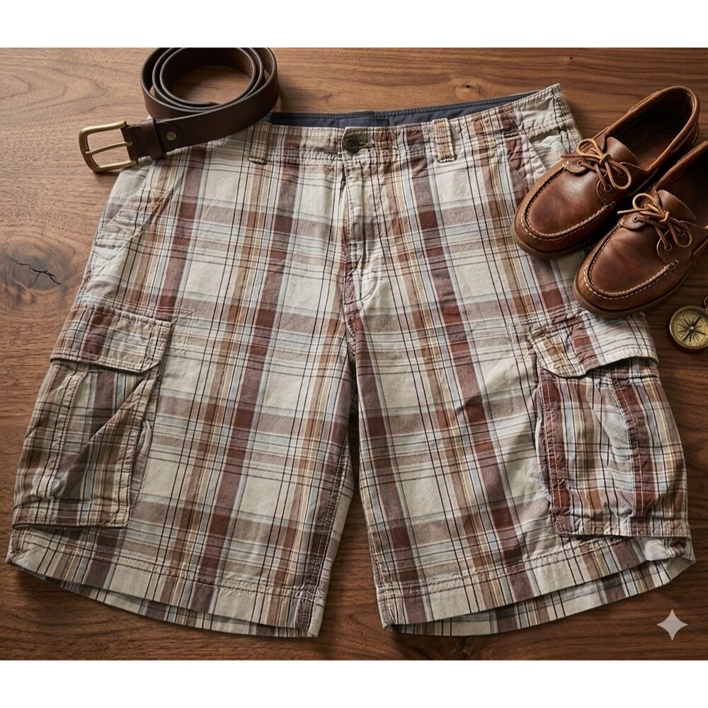 St. John’s Bay Men’s Cargo Shorts 38 Plaid Brown Tan Multi‑Pocket Casual Outdoor